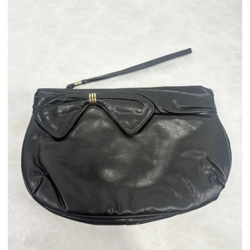 Vintage Black Faux Leather Wristlet Clutch Purse Gold Tone Detail 10x6 Taiwan